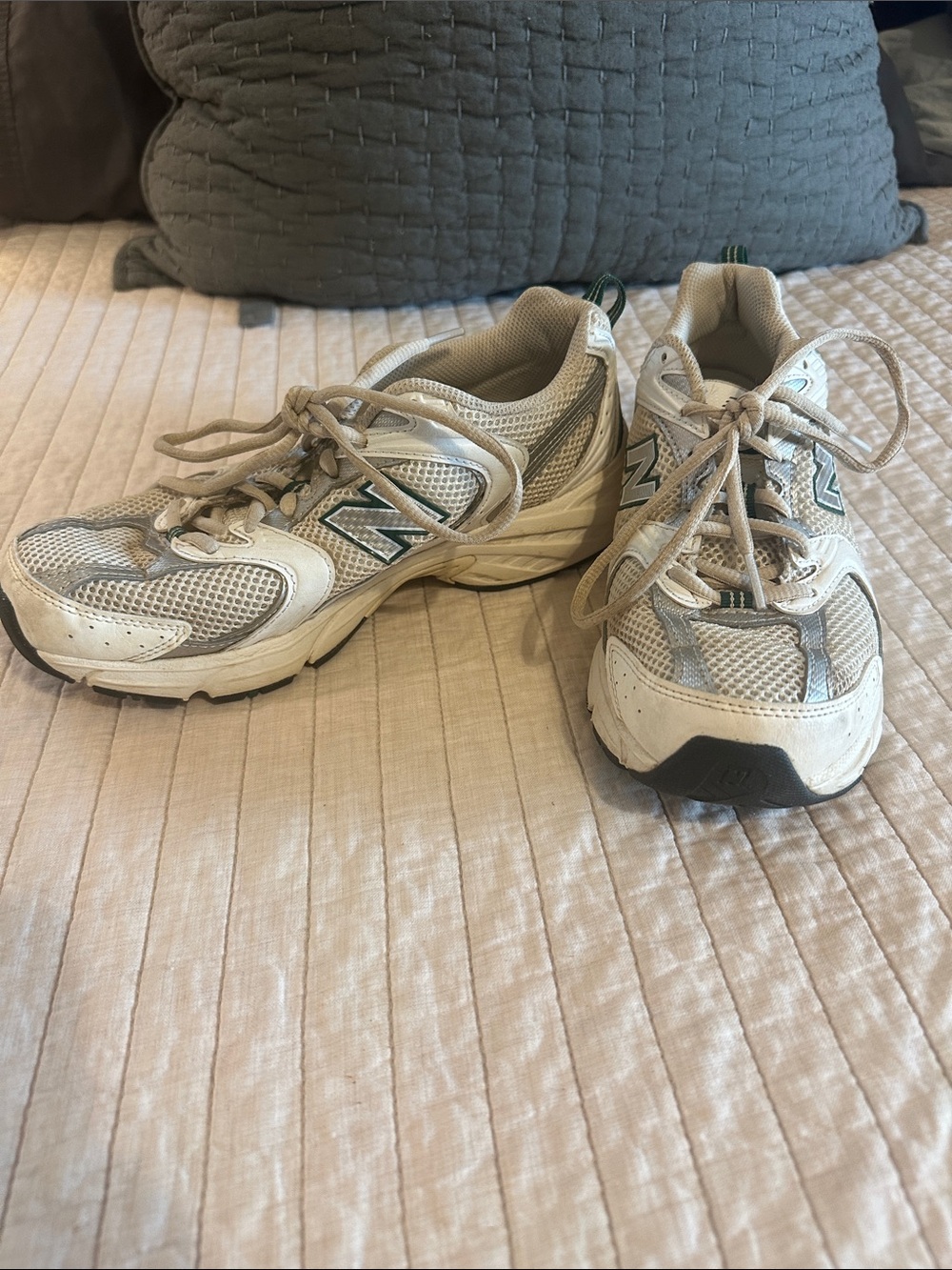 New Balance White, Gray & Green Mesh Athletic Sneakers